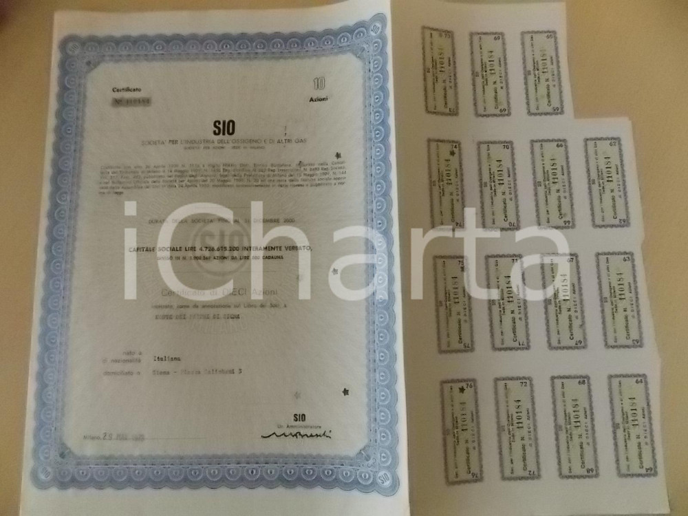 Oggetto da collezione cartaceo 1973 MILANO Società per l industria dell Ossigeno SIO Certificato 10 azioni 2 1