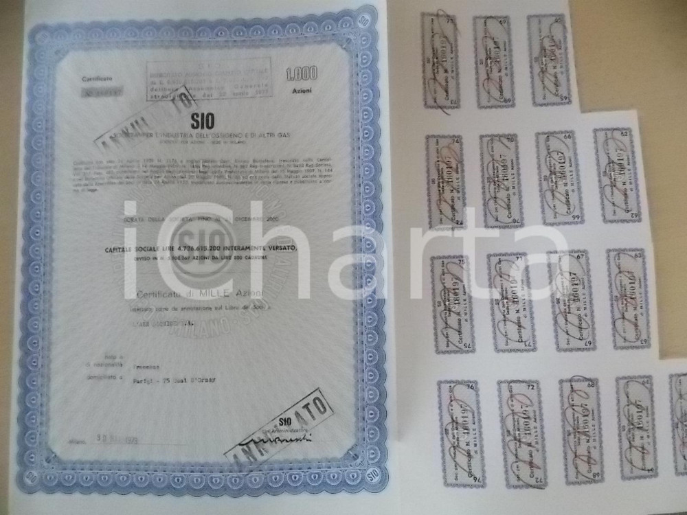 Oggetto da collezione cartaceo 1973 MILANO Società per l industria dell Ossigeno SIO Certificato 10 azioni 3 1