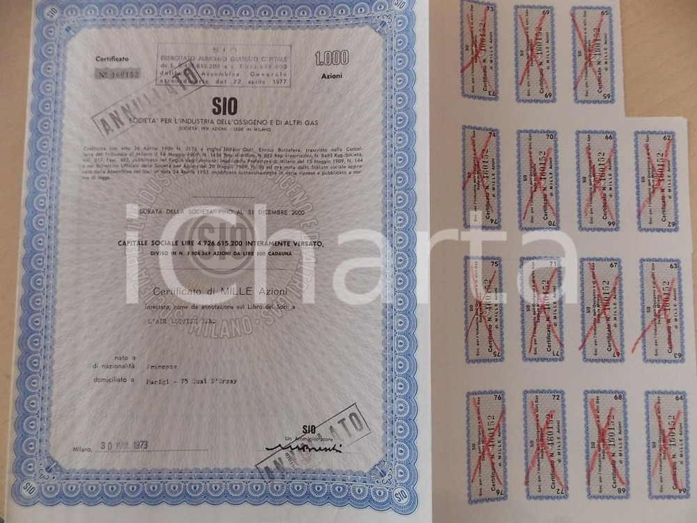 Oggetto da collezione cartaceo 1973 MILANO Società per l industria dell Ossigeno SIO Certificato 10 azioni 4 1