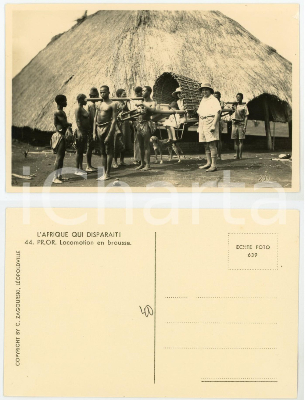 1930 C. ZAGOURSKI «L'Afrique qui disparaît» PR. OR. Locomotion en brousse *n. 44  Fotocartolina postale d'epoca, appartenente alla serie «L'Afrique qui disparaît» del fotografo Casimir Zagourski (Léopoldville).N° 44, non viaggiata.  GOOD/buono  FORMATO: 14x9 cm originale e autentica 1