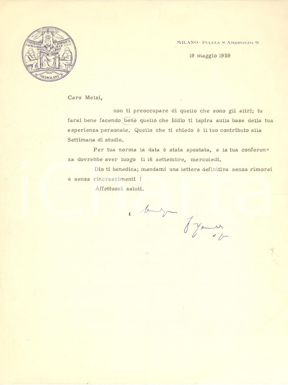 Autografo originale 1959 MILANO UNIVERSITÀ CATTOLICA Padre Agostino GEMELLI a uno studioso AUTOGRAFO 1