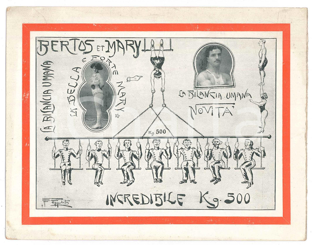 1920 ca ITALIA CIRCO - BERTOS e MARY la bilancia umana *Biglietto pubblicitario Raro e pregevole biglietto pubblicitario, originale d'epoca, illustratore Ippolito.  FAIR/discreto minime bruniture marginali FORMATO: 17x14 cm originale e autentica 1