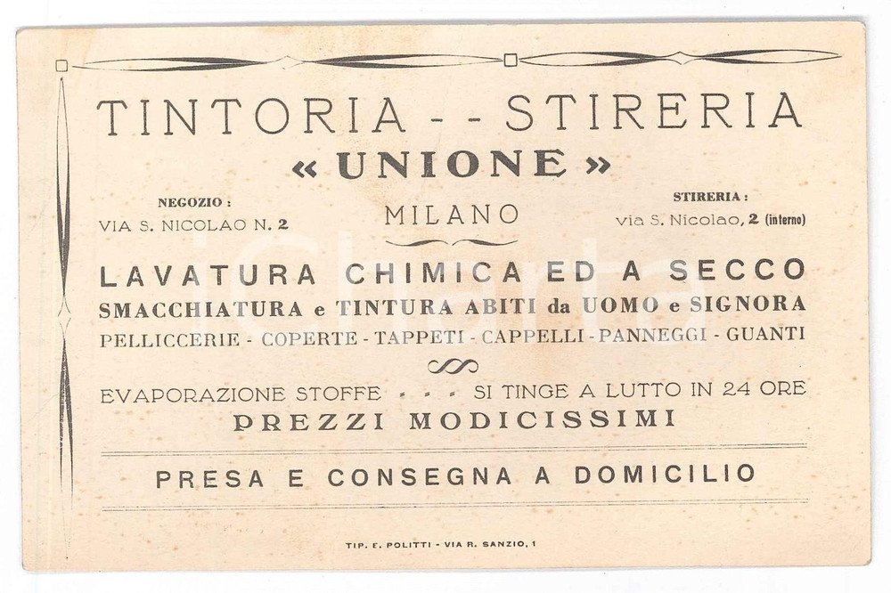 Oggetto da collezione cartaceo 1956 MILANO Via Nicolao 2  Tintoria  Stireria UNIONE Biglietto 1