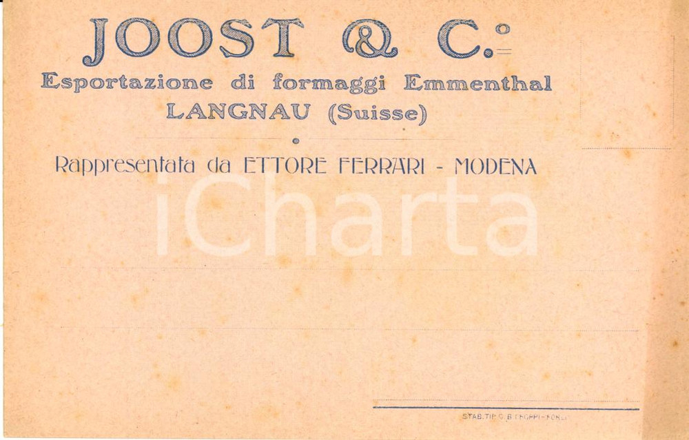 Cartolina originale da collezione 1930 ca LANGNAU Ditta JOOST & C. Esportazione formaggi EMMENTHAL *Intestata 1 1