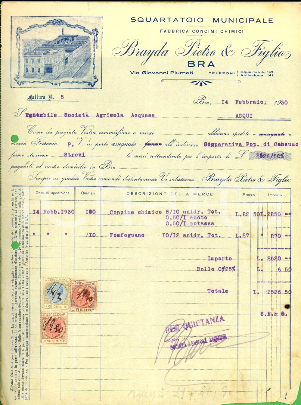 Documento originale, autentico 1930 BRA CN Squartatoio municipale Pietro BRAYDA Fattura concime 1 1