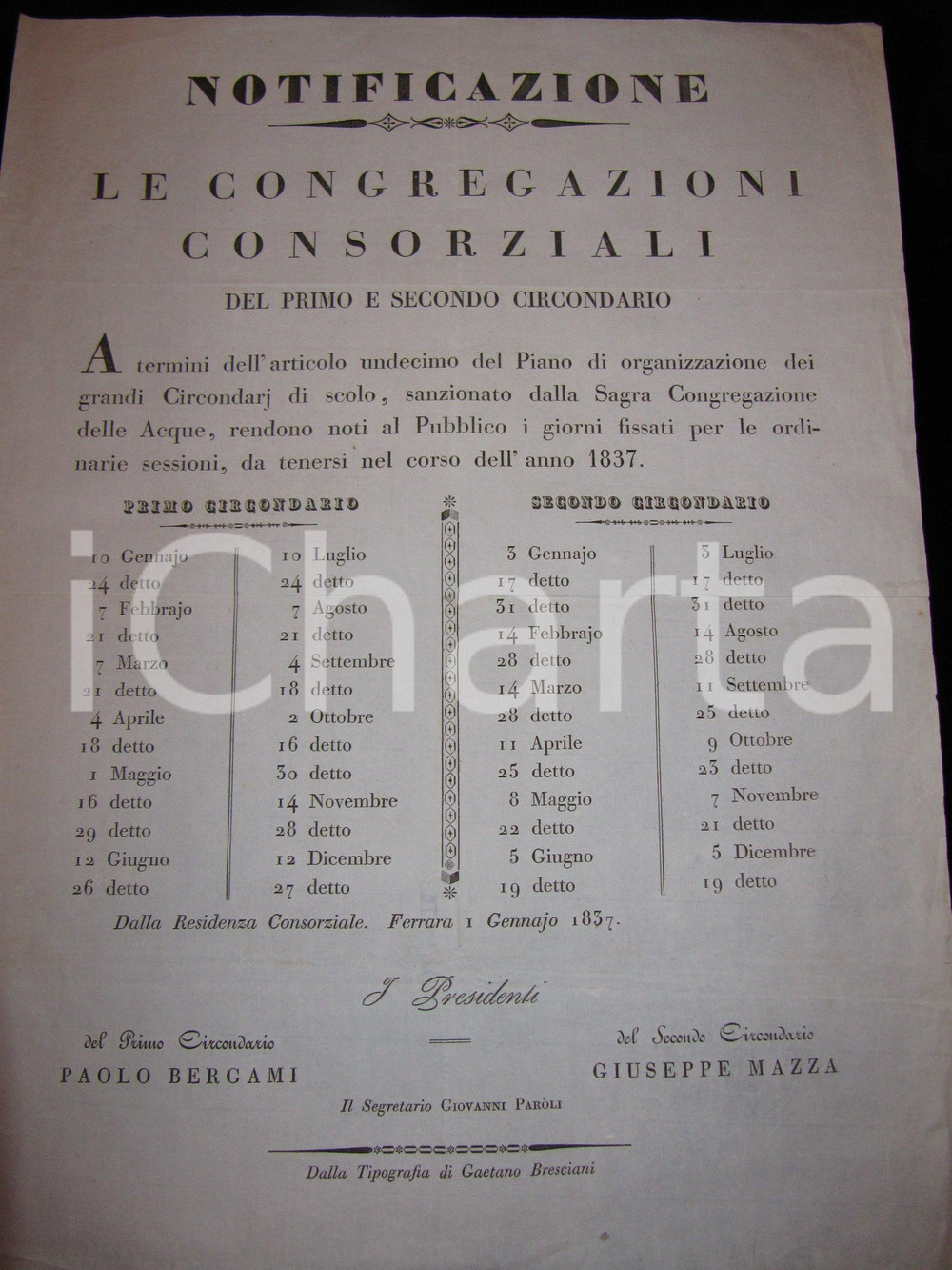 Documento originale, autentico 1837 FERRARA GOVERNO PONTIFICIO Riunioni Congregazioni Consorziali Scolo (2) 1