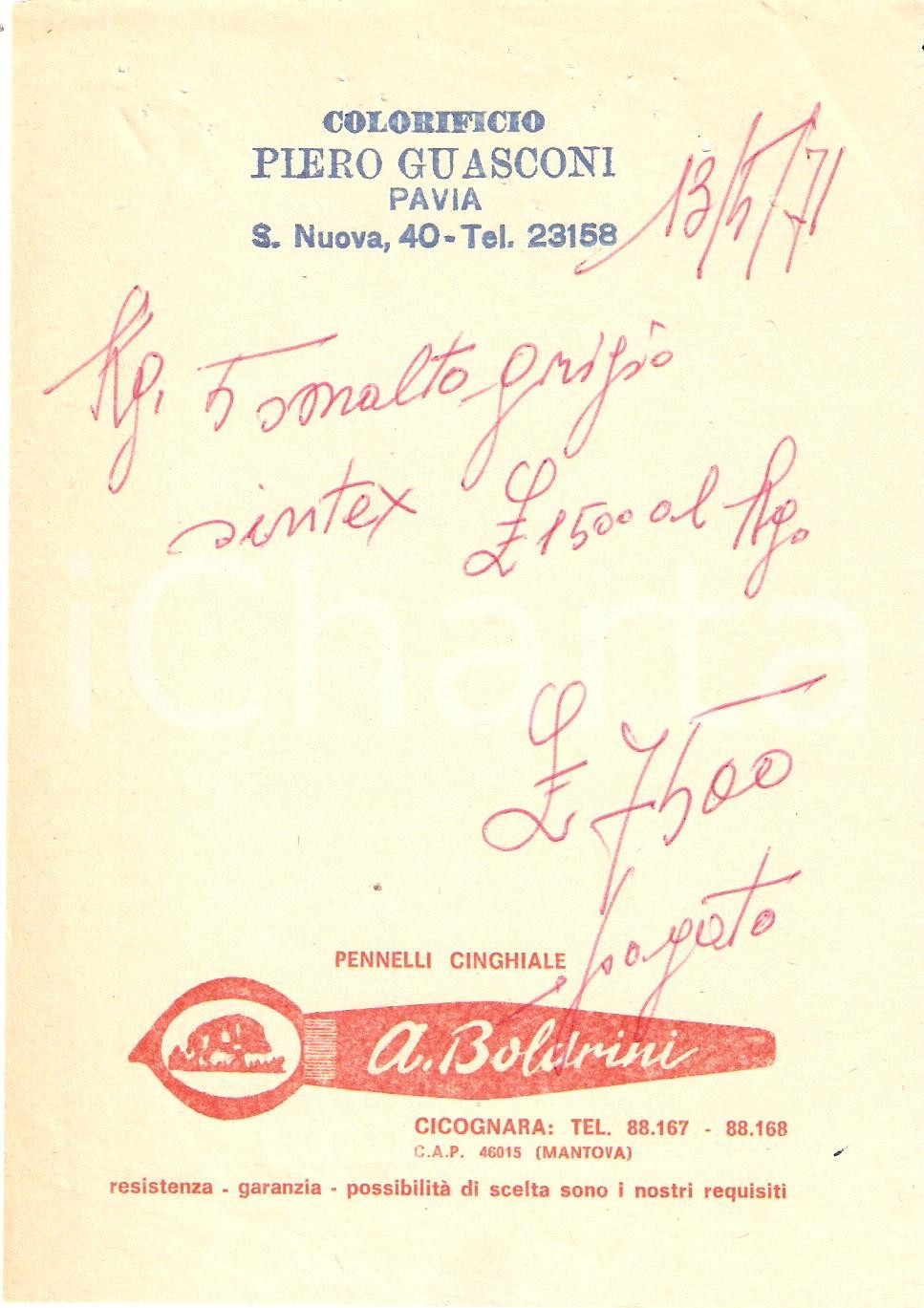 Materiale pubblicitario d’epoca 1971 PAVIA Colorificio GUASCONI Pennelli CINGHIALE Ditta BOLDRINI Ricevuta 2 1
