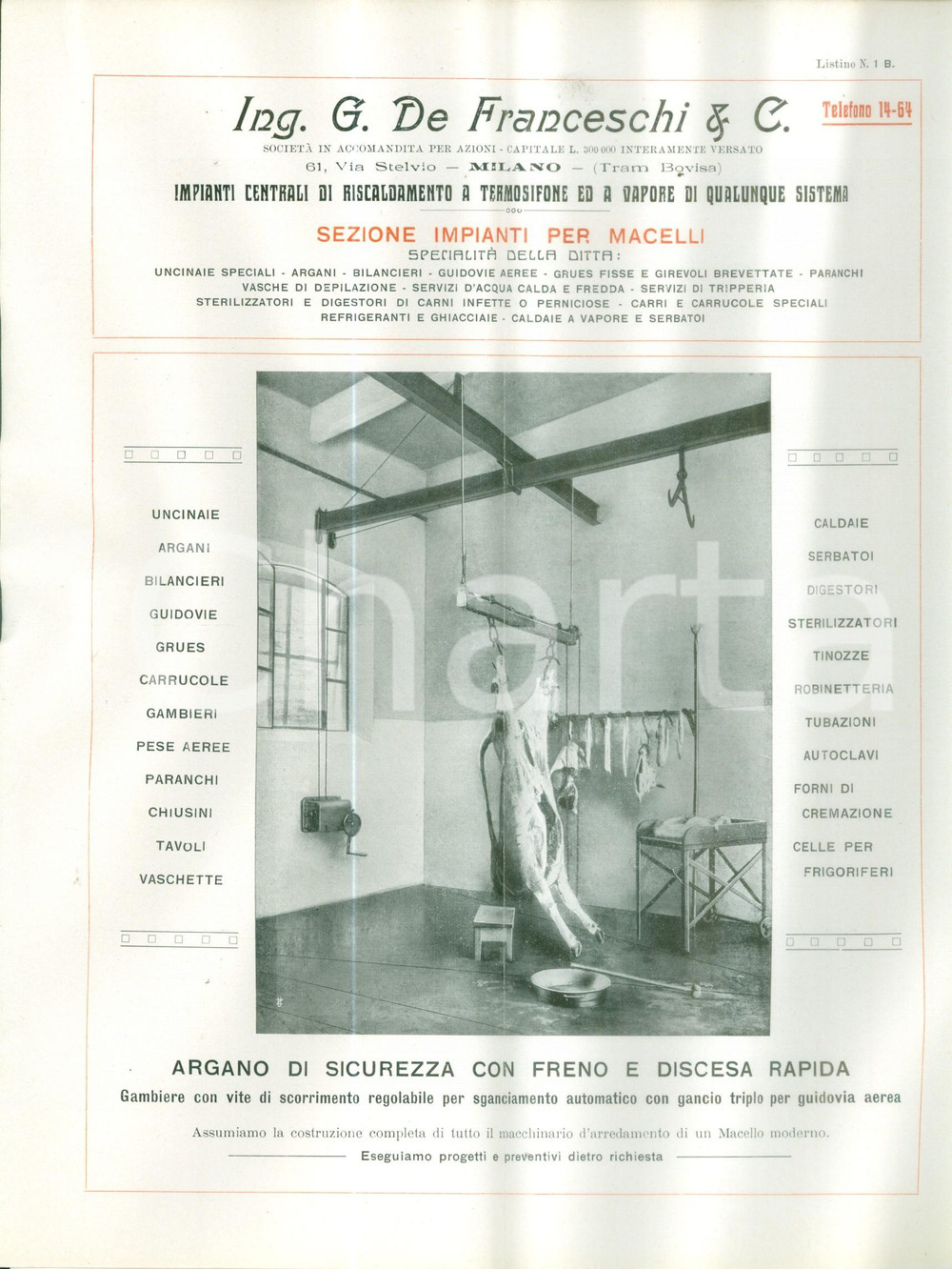 Materiale pubblicitario d’epoca 1930 ca MILANO Ing G. DE FRANCESCHI Macelli  Argano per bovini Volantino 1