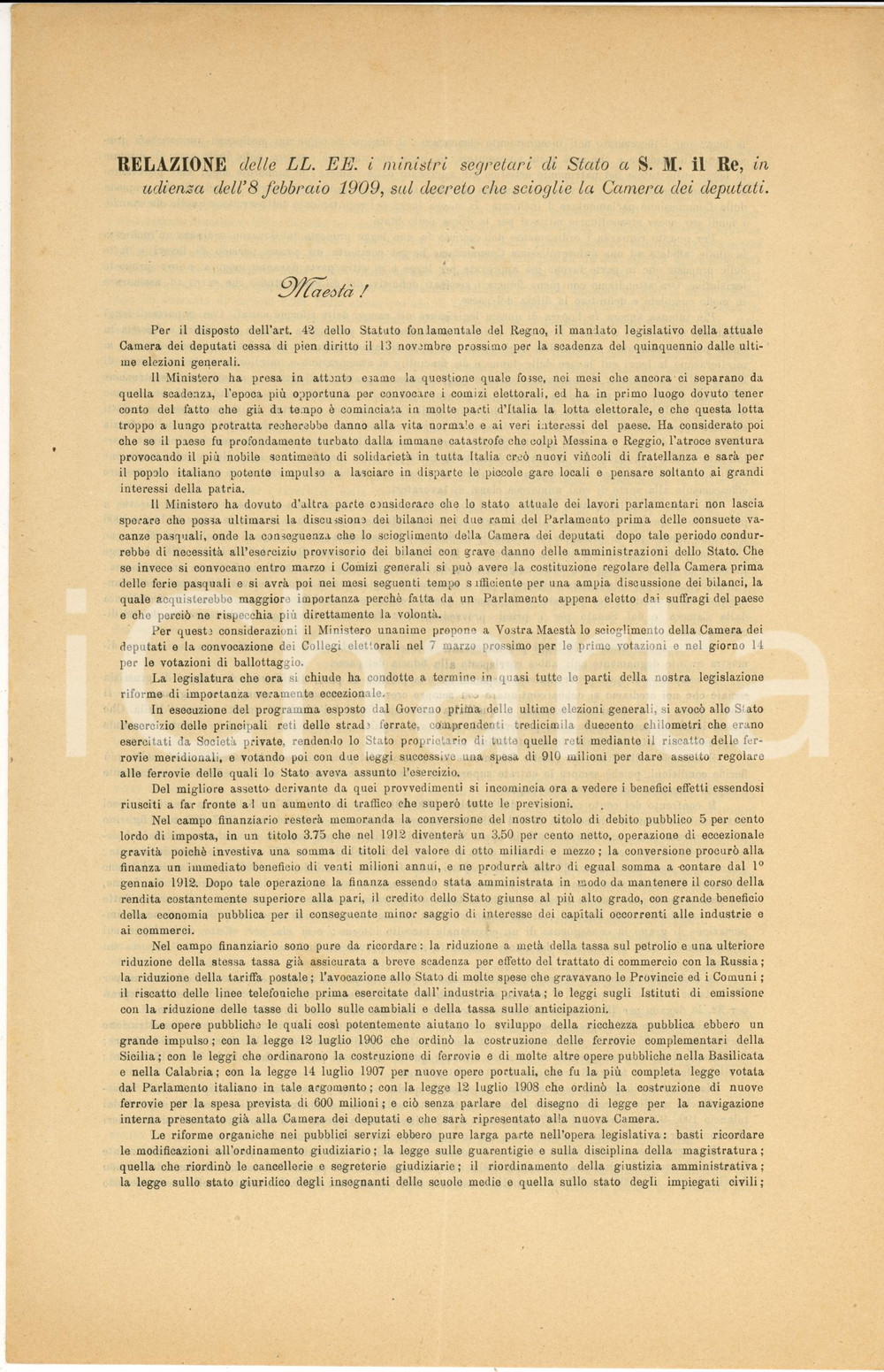 Documento originale, autentico 1909 ROMA Relazione per lo scioglimento CAMERA DEI DEPUTATI (2) 1
