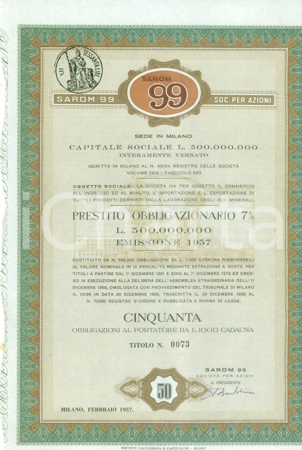 Oggetto da collezione cartaceo 1957 MILANO SocietàSAROM 99 Obbligazione con 26 CEDOLE non riscosse 2 1