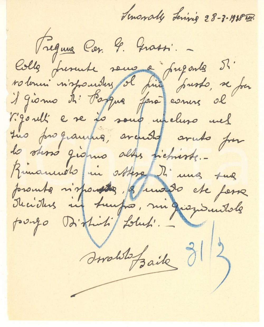Autografo originale 1938 CICLISMO SERRAVALLE Lettera Osvaldo BAILO per gara a Pasqua  AUTOGRAFO 1