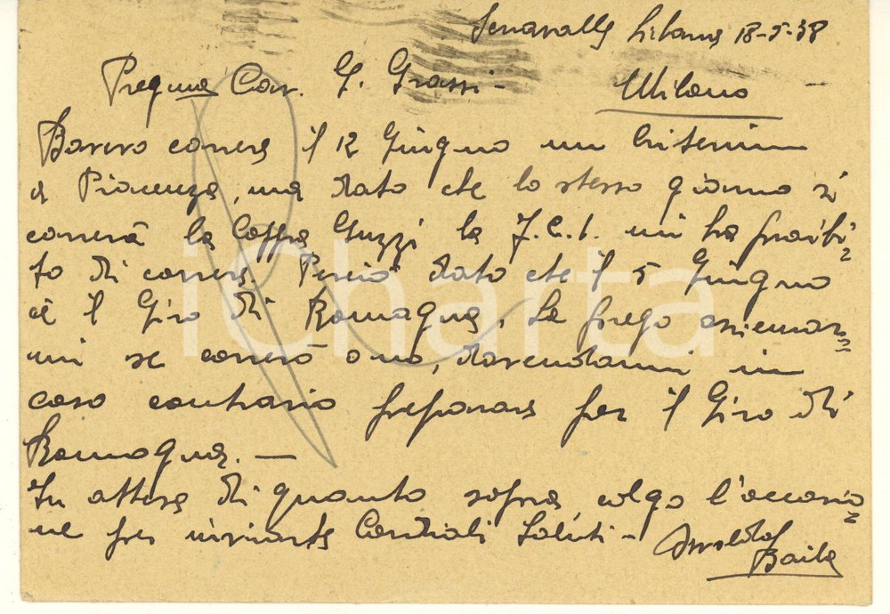1938 CICLISMO SERRAVALLE Cartolina Osvaldo BAILO - Giro di Romagna - AUTOGRAFO Cartolina interamente autografa del ciclista, viaggiata.  GOOD/buono  FORMATO: 15x10 cm originale e autentica 1