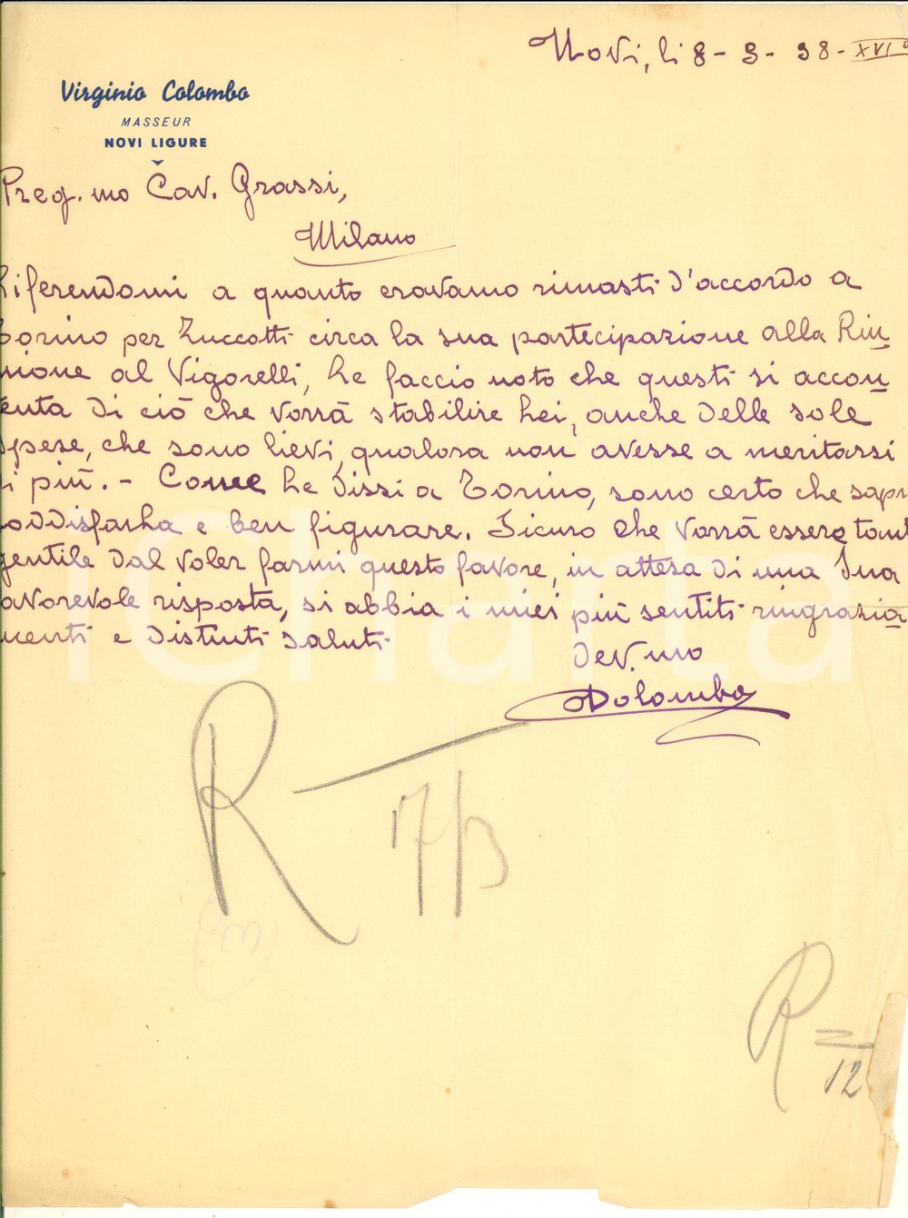 Autografo originale 1938 CICLISMO NOVI LIGURE Virginio COLOMBO su gara ZUCCOTTI  Lettera AUTOGRAFA 1