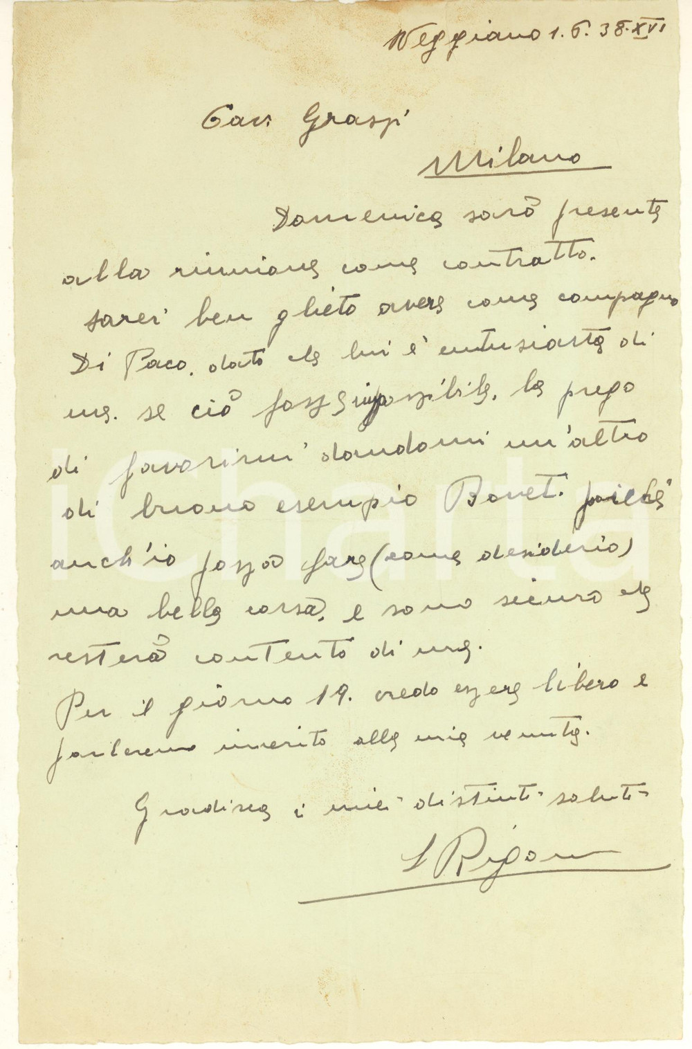 Autografo originale 1938 CICLISMO VEGGIANO Severino RIGONI chiede compagno DI PACO  AUTOGRAFO 1