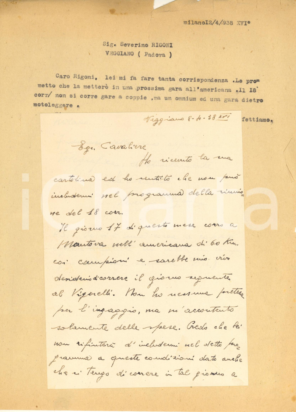 Autografo originale 1938 CICLISMO VEGGIANO Severino RIGONI chiede di correre al Vigorelli AUTOGRAFO 1