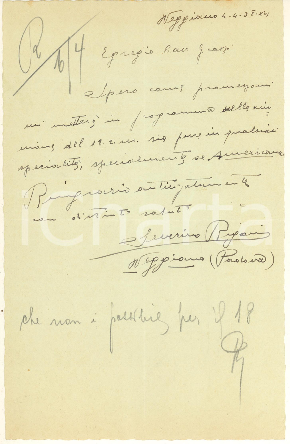 Autografo originale 1938 CICLISMO VEGGIANO Severino RIGONI chiede di correre americana AUTOGRAFO 1