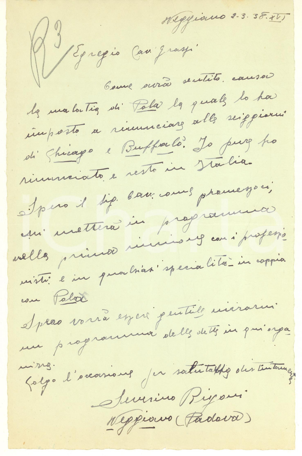 Autografo originale 1938 CICLISMO VEGGIANO Severino RIGONI chiede gara con Benedetto POLA AUTOGRAFO 1