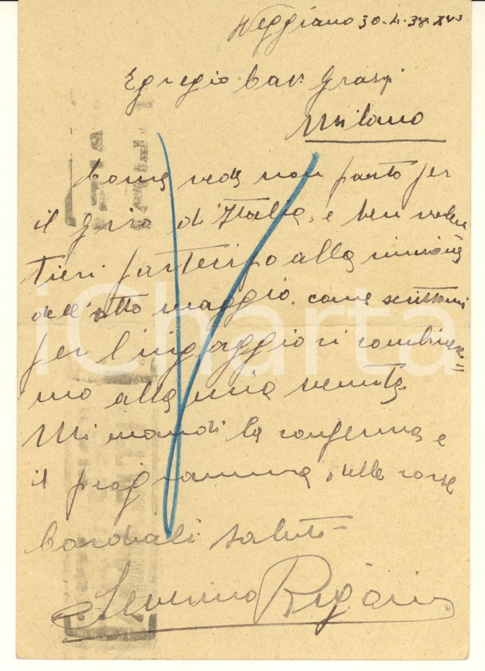 Autografo originale 1938 CICLISMO VEGGIANO Severino RIGONI non parte per il Giro d Italia AUTOGRAFO 1