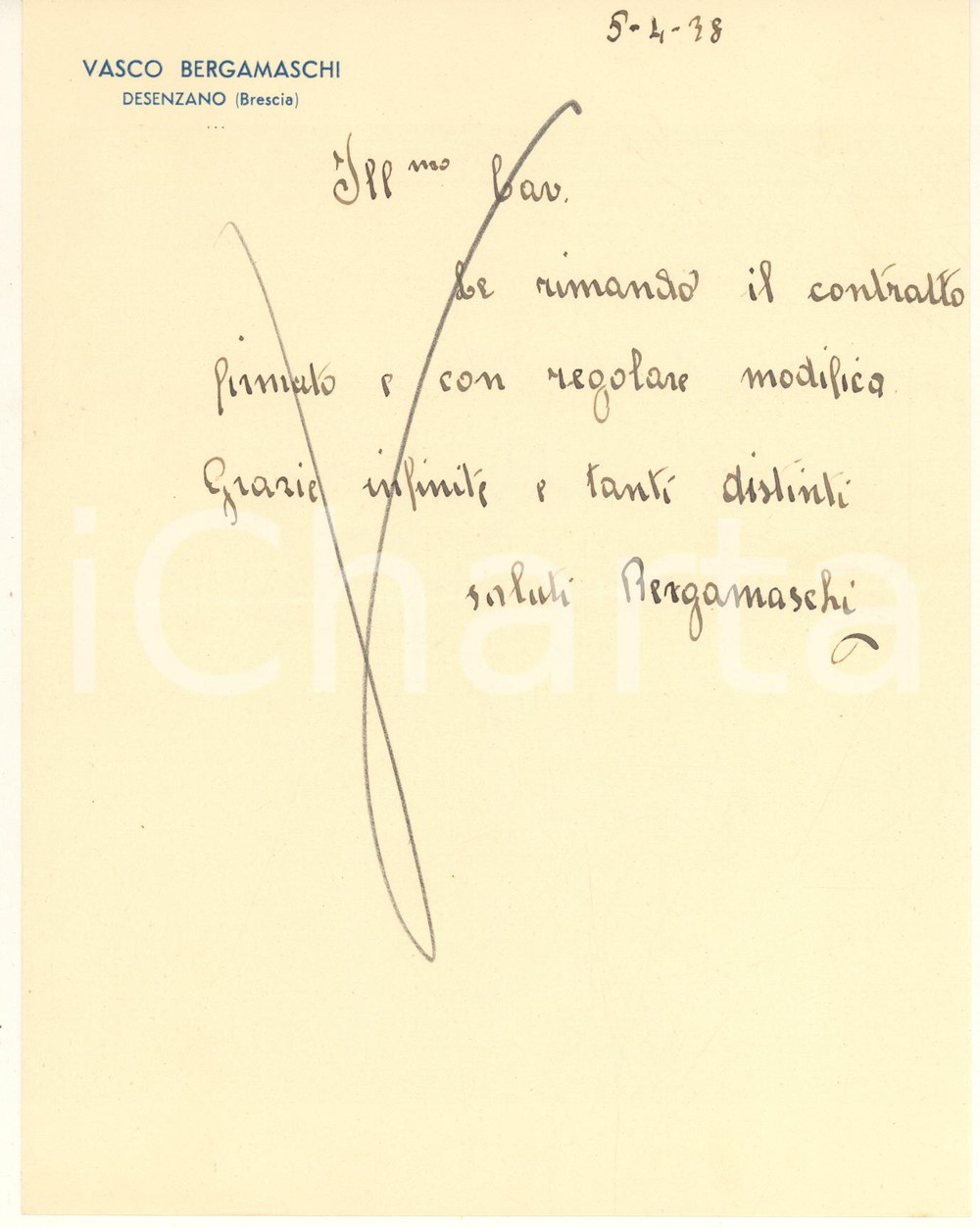 Autografo originale 1938 CICLISMO DESENZANO Lettera Vasco BERGAMASCHI per contratto AUTOGRAFO 1
