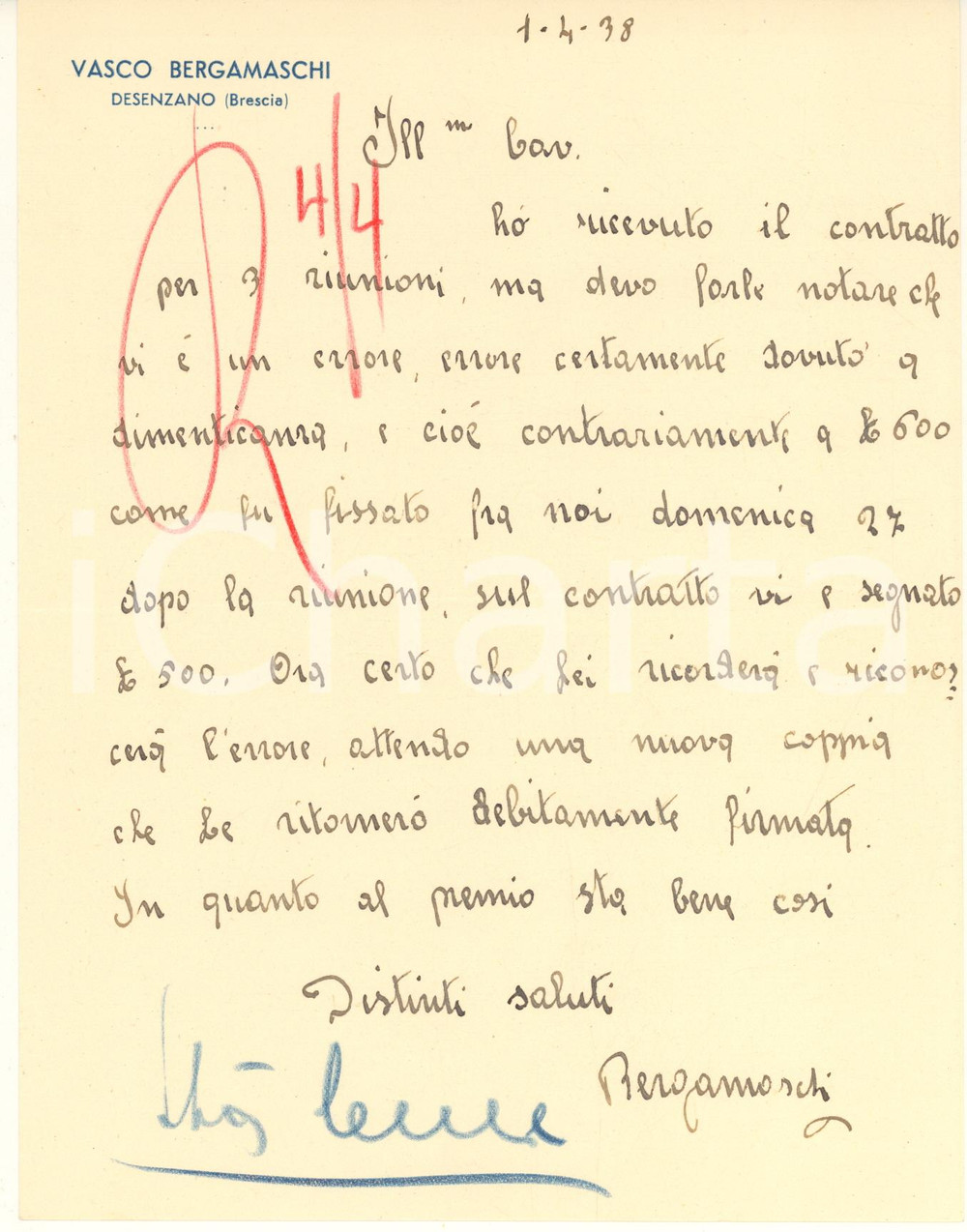 Autografo originale 1938 CICLISMO DESENZANO Vasco BERGAMASCHI su ingaggio ribassato AUTOGRAFO 1