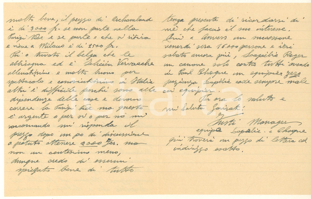 Autografo originale 1938 CICLISMO LOANO Lettera manager FUSTI  ingaggio ARCHAMBAUD AUTOGRAFO 1