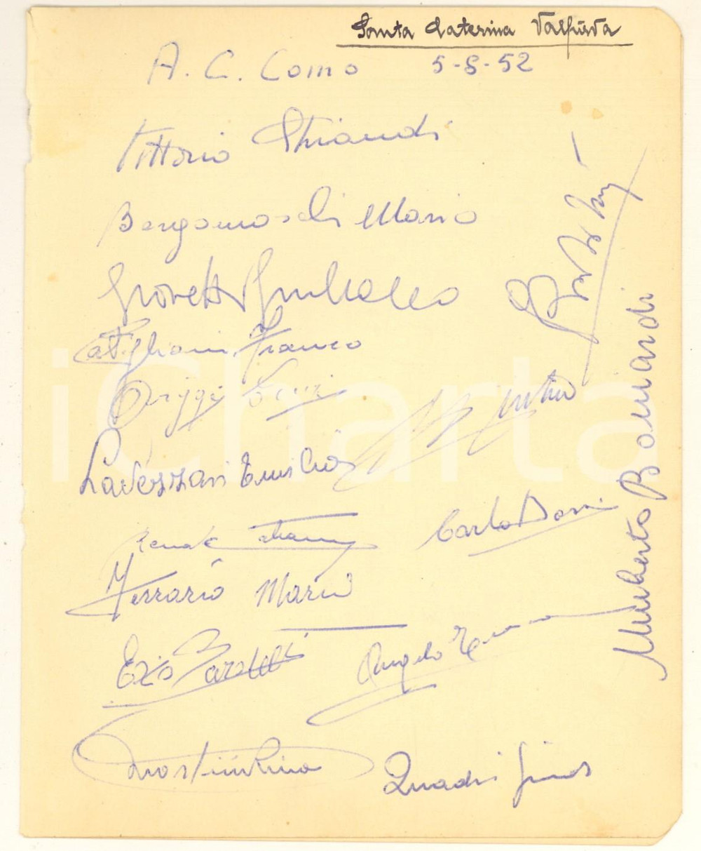 Autografo originale 1952 CALCIO S. CATERINA VALFURVA Squadra A. C. COMO  AUTOGRAFI giocatori 1