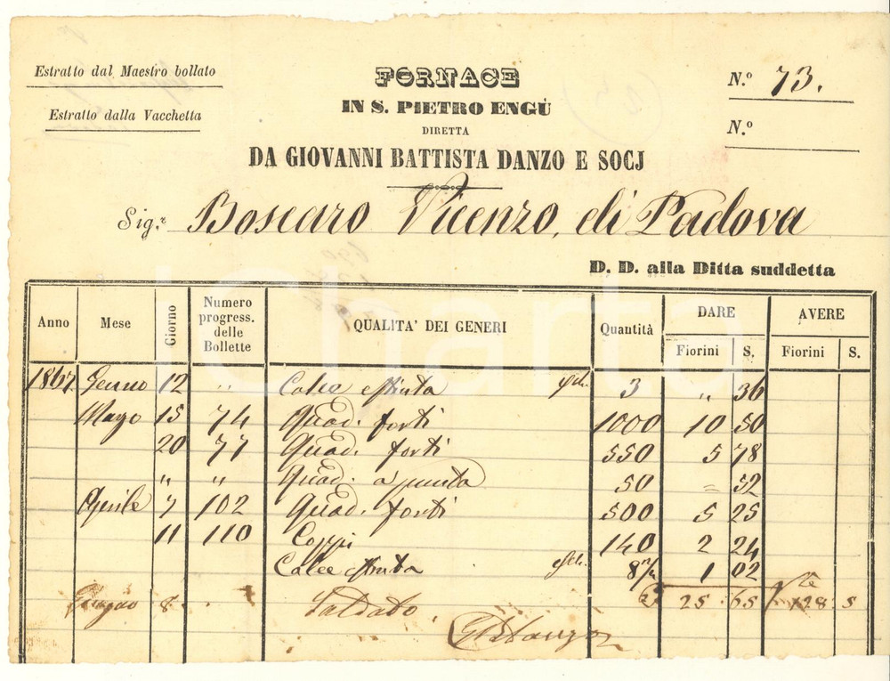 Documento originale, autentico 1867 SAN PIETRO IN GU PD Fornace Giovanni Battista DANZO  Fattura 1