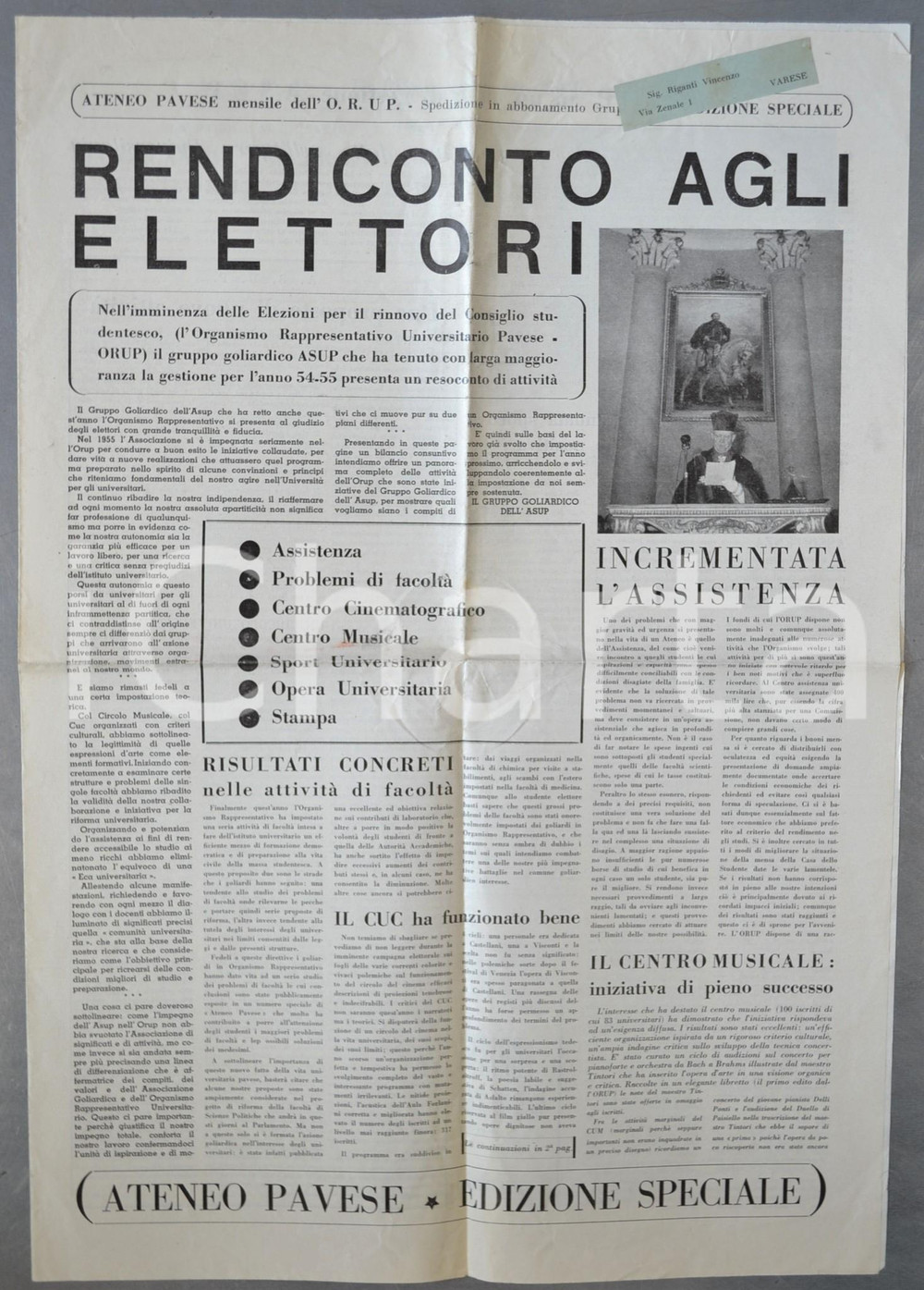 Giornale, rivista storica 1955 ATENEO PAVESE Rendiconto agli elettori Giornale  edizione speciale 1