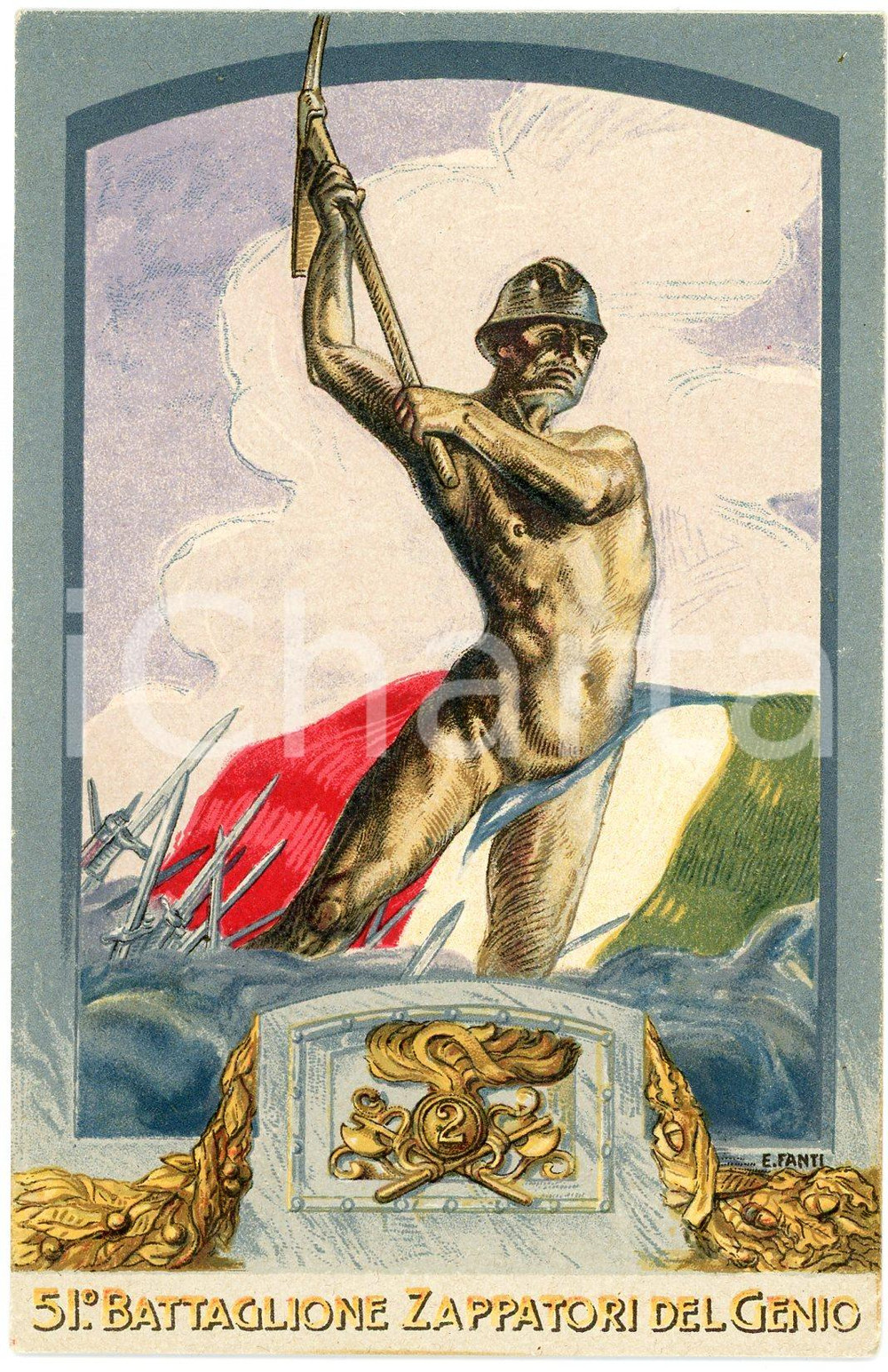 1915 ca WW1 51° Battaglione Zappatori del Genio - Artista E. FANTI Cartolina  Cartolina postale d'epoca, non viaggiata.CONDIZIONI: GOODFORMATO: FP     originale e autentica 1