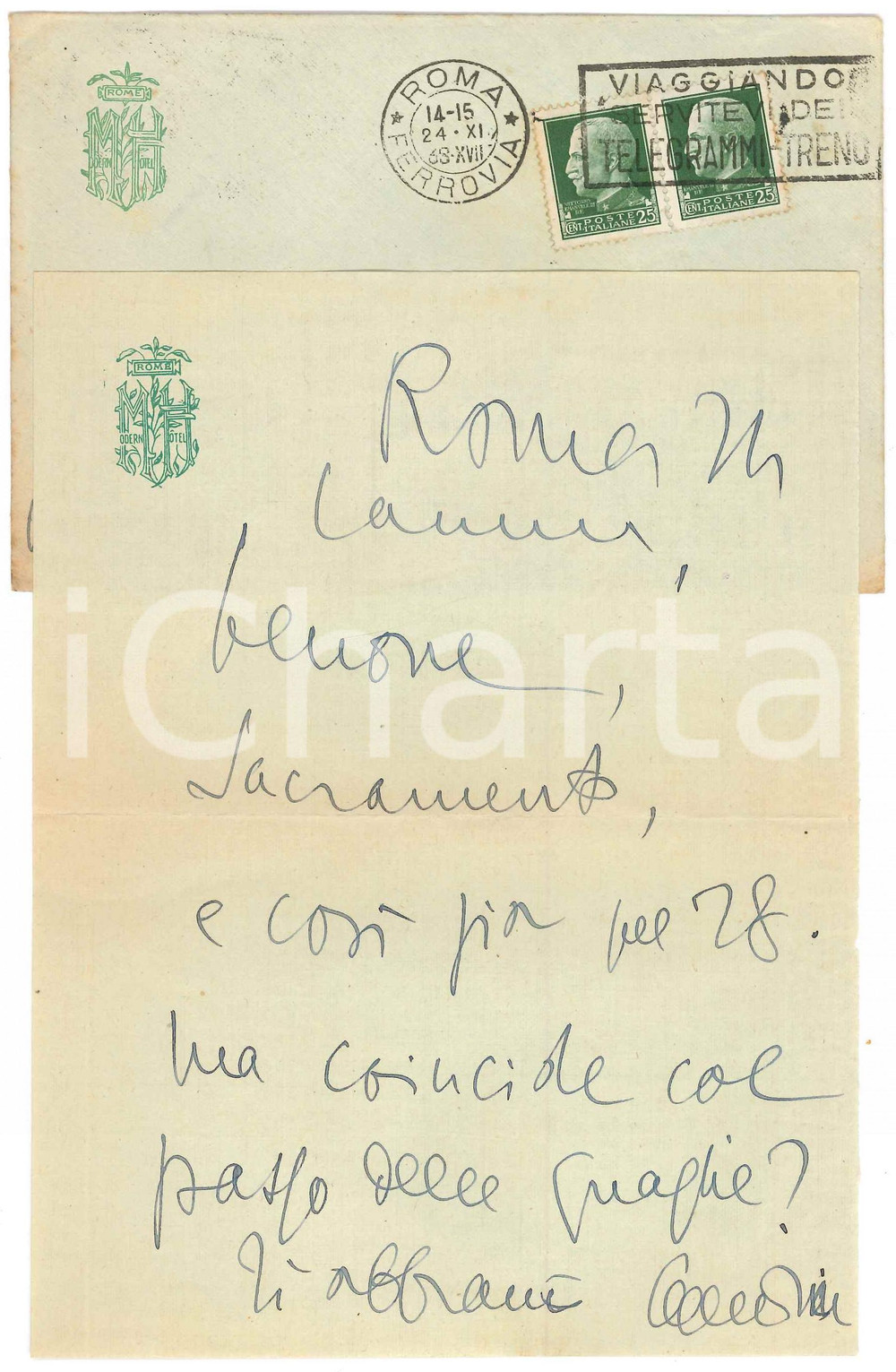 Autografo originale 1938 ROMA MODERN HOTEL Lettera Aurelio CANDIAN a un amico  Autografo 1
