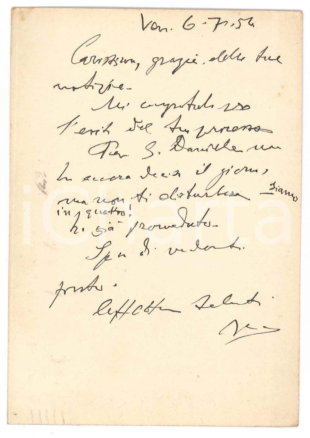 Autografo originale 1954 VENEZIA Cartolina di Vincenzo MANZINI a un amico  Autografo 1