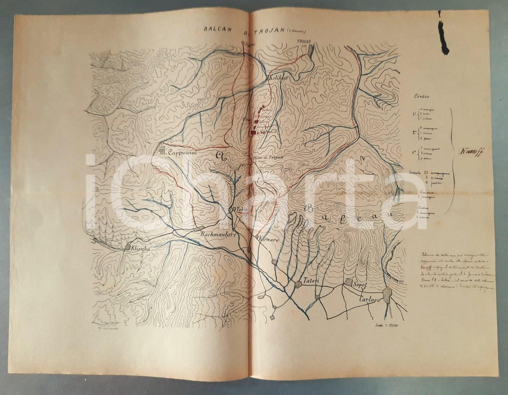 Mappa, planimetria storica 1893 SCUOLA DI GUERRA Guerra russoturca  Passo di TROJAN  Mappa 43x32 1