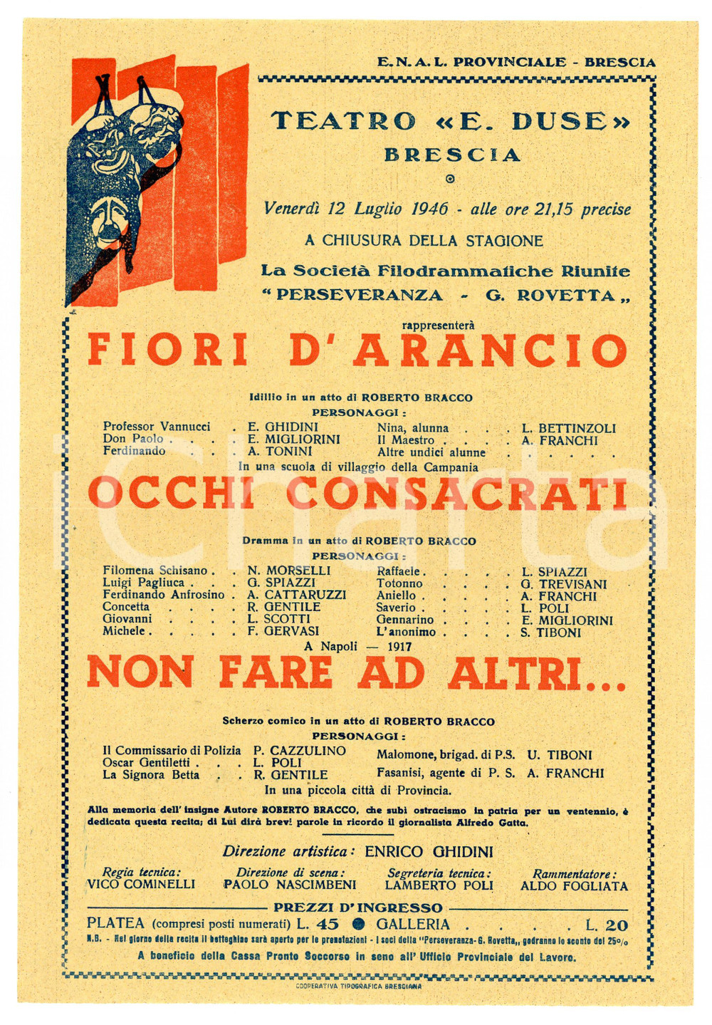 1946 BRESCIA Teatro Eleonora Duse - Tre spettacoli di Roberto BRACCO Manifesto 1 Manifesto d'epoca.   FAIR/discreto Piegatura centrale d'epoca FORMATO: 17x24 cm originale e autentica 1