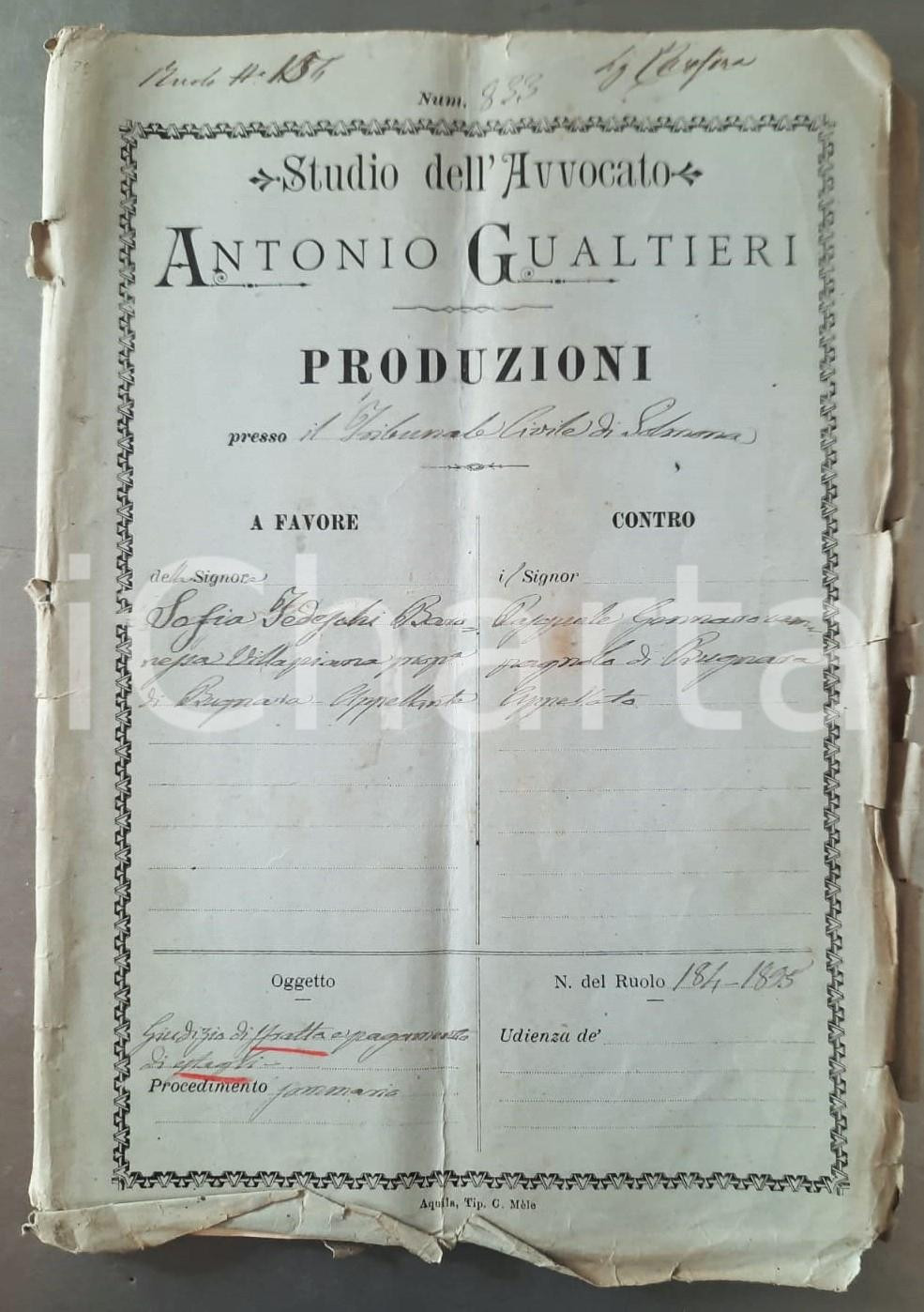 Documento originale, autentico 1895 BUGNARA AQ Lite baronessa VILLAPIANA vs Pasquale GENNARO Lotto documenti 1