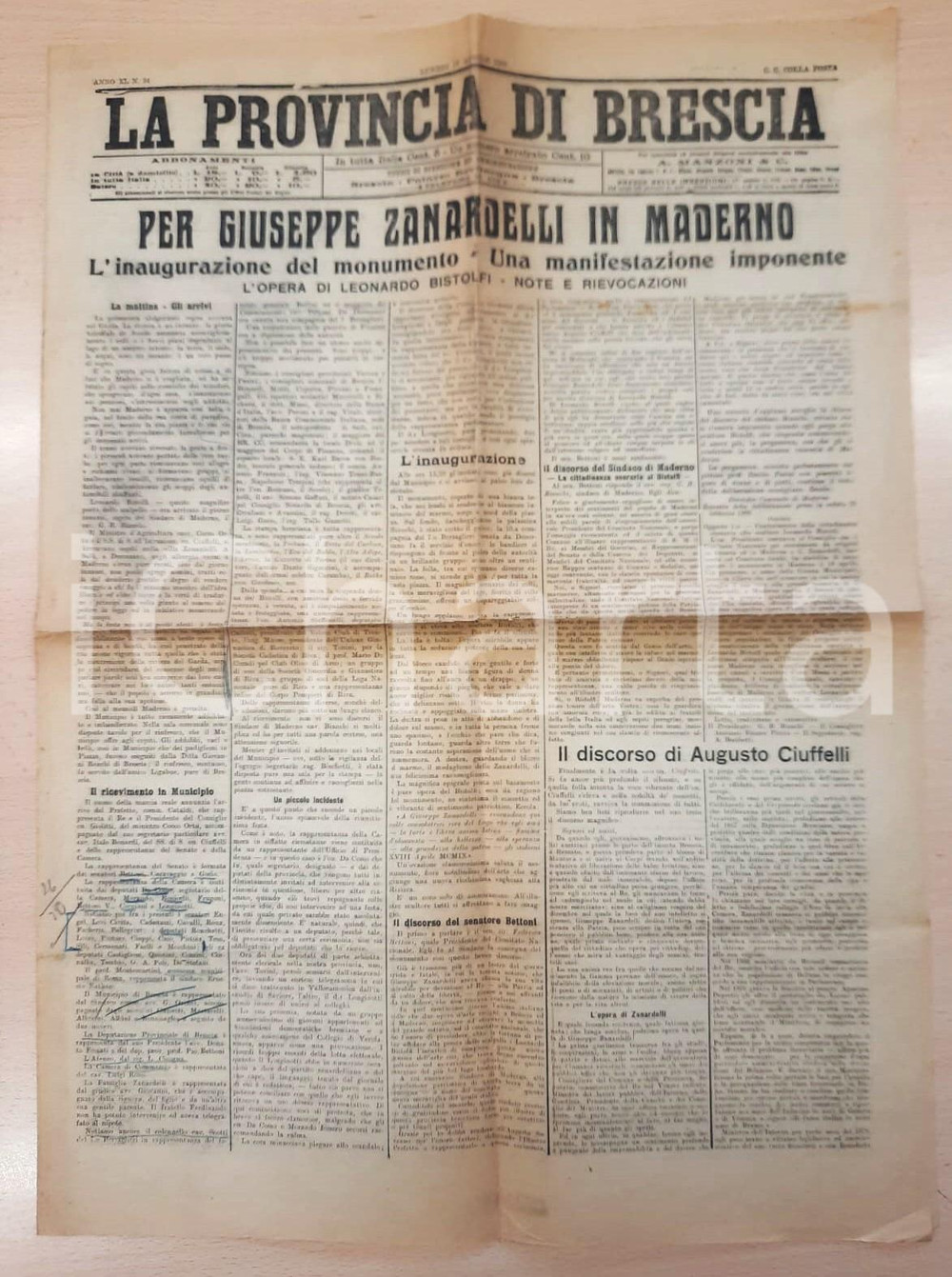 1909 LA PROVINCIA DI BRESCIA Monumento a Giuseppe Zanardelli a Maderno *Giornale DATA: 19 aprile 1909Giornale originale d'epoca, contenente la notizia dell'inaugurazione del monumento a Giuseppe Zanardelli a Maderno, realizzato dall'artista Leonardo Bistolfi. PAGINE: 4 POOR/danneggiato piegature d'epoca; sottolineature FORMATO: 42x56 cm originale e autentica 1