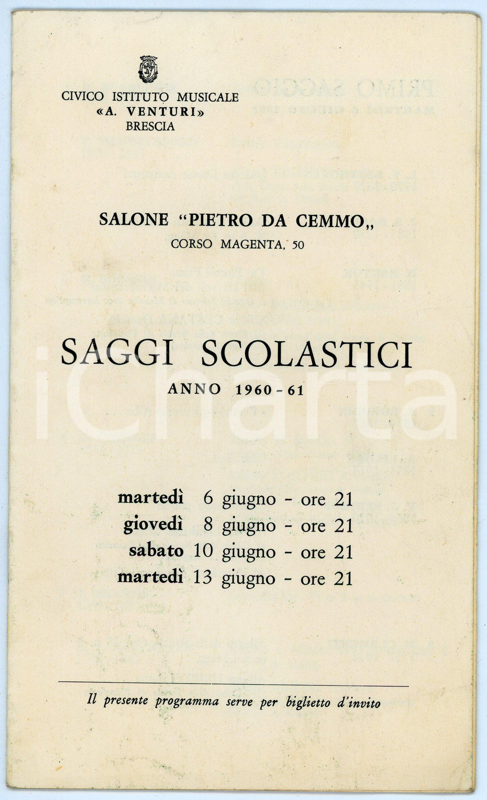 Oggetto da collezione cartaceo 1960 BRESCIA Istituto Musicale A. VENTURI Programma saggi scolastici 19601961 1