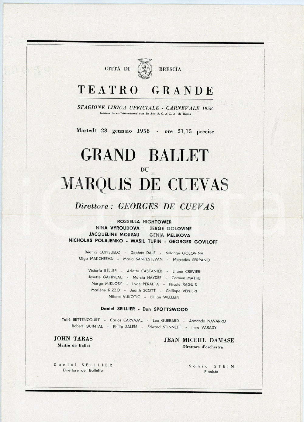 1958 BRESCIA Teatro Grande - Grand ballet du Marquis DE CUEVAS Programma Pieghevole d'epoca. PAGINE: 4 FAIR/discreto Piegature centrali d'epoca, lievi aloni FORMATO: 21x30 cm originale e autentica 1