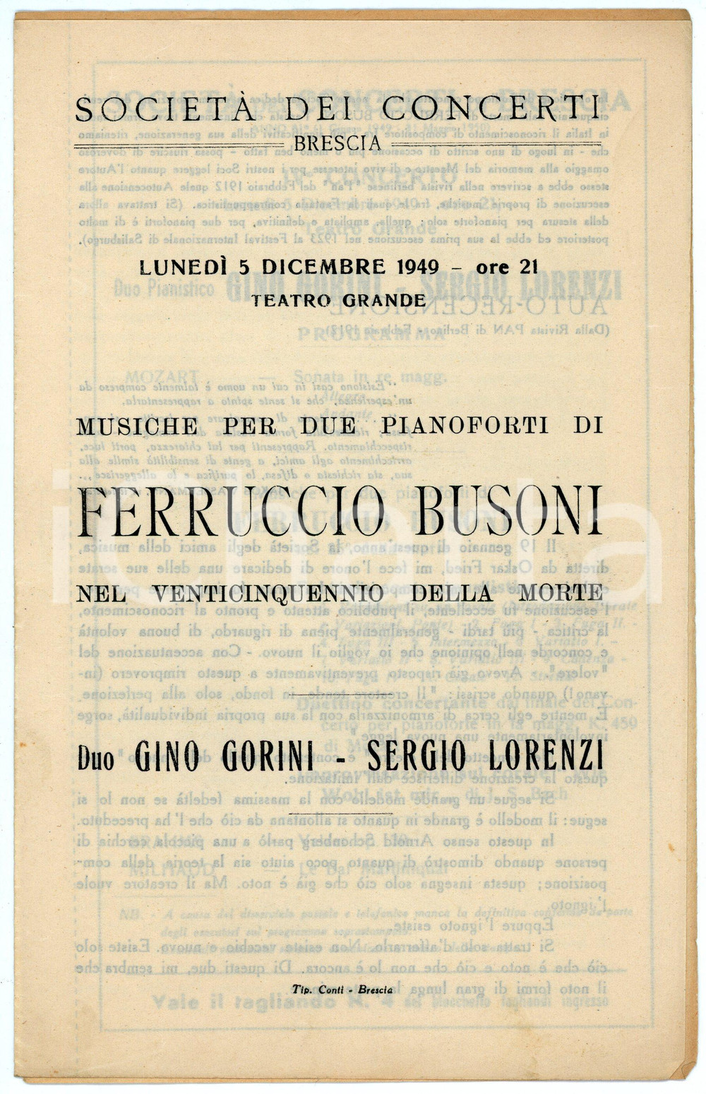 Oggetto da collezione cartaceo 1949 BRESCIA Teatro Grande  Musiche per due pianoforti di Ferruccio BUSONI 1