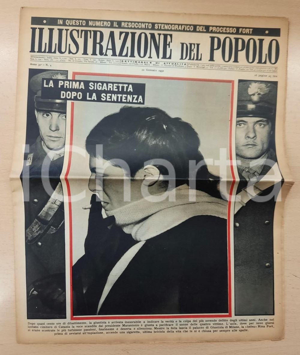 1950 ILLUSTRAZIONE DEL POPOLO Condanna RIna FORT belva di S. Gregorio *Giornale DATA: 22 gennaio 1950Giornale originale d'epoca. PAGINE: 16 FAIR/discreto piegatura centrale d'epoca; minimo strappo marginale FORMATO: 30x38 cm originale e autentica 1