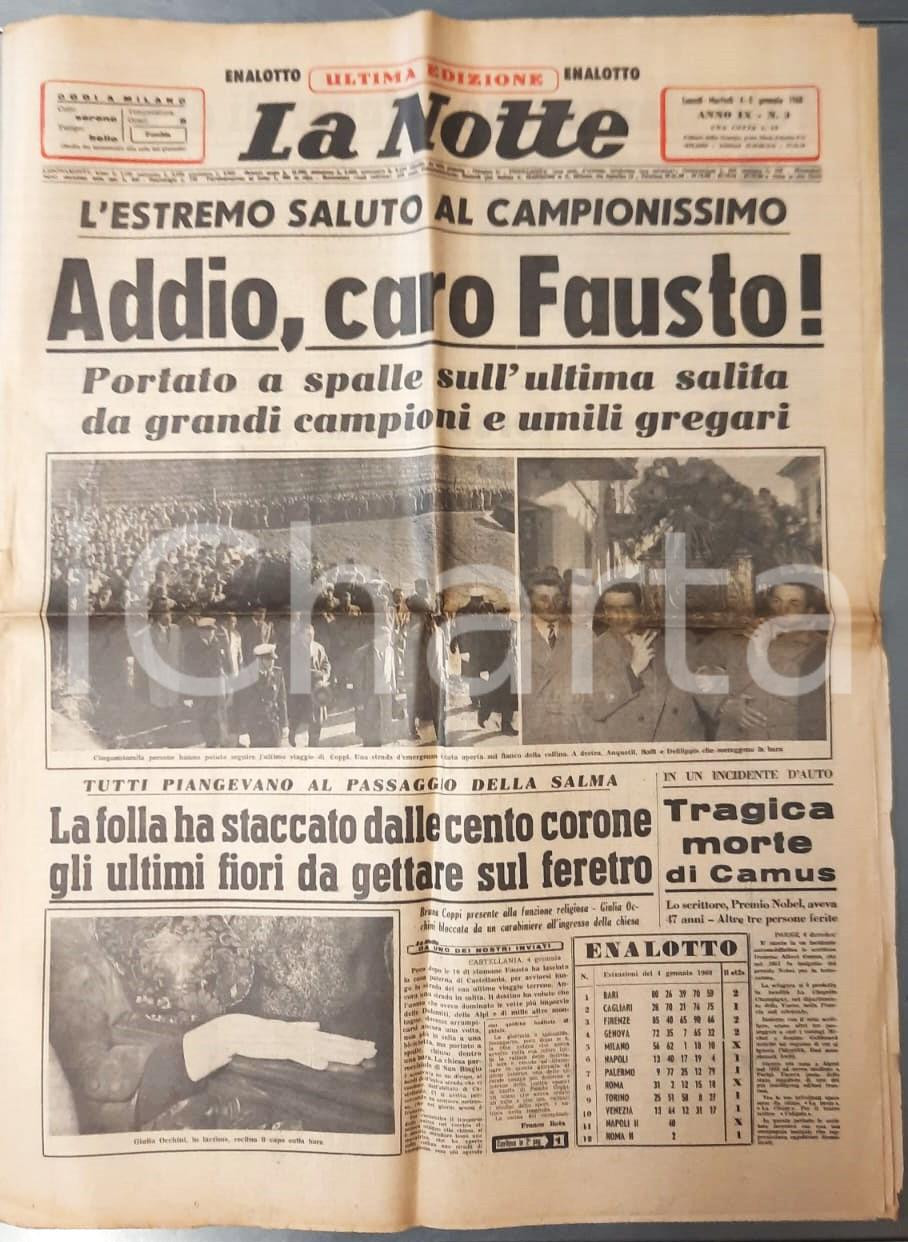 Giornale, rivista storica 1960 LA NOTTE Funerali Fausto Coppi  Addio, caro Fausto! Giornale 1