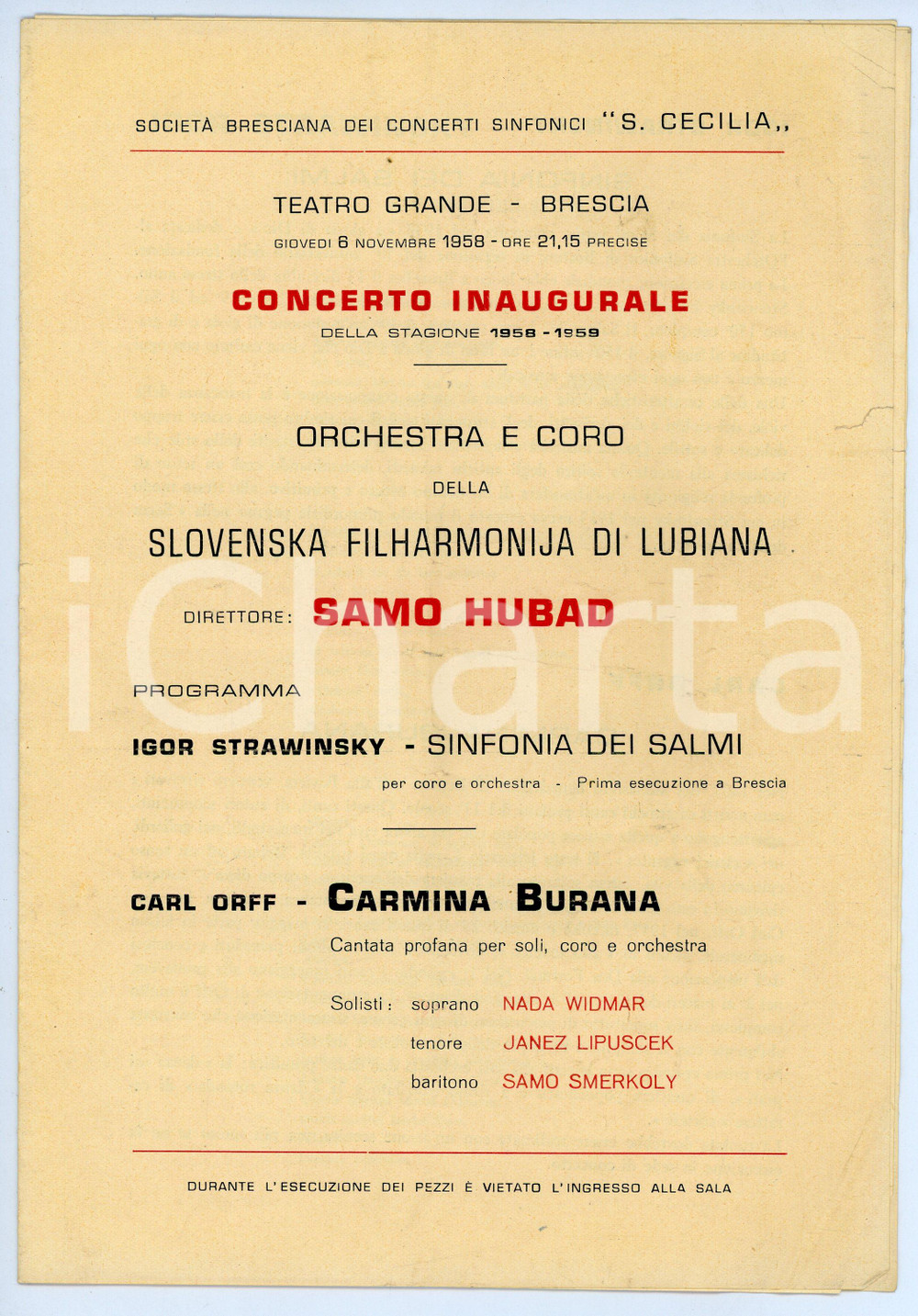Oggetto da collezione cartaceo 1958 BRESCIA Teatro Grande  Concerto inagurale SLOVENSKA FILHARMONIJA Ljubljana 1