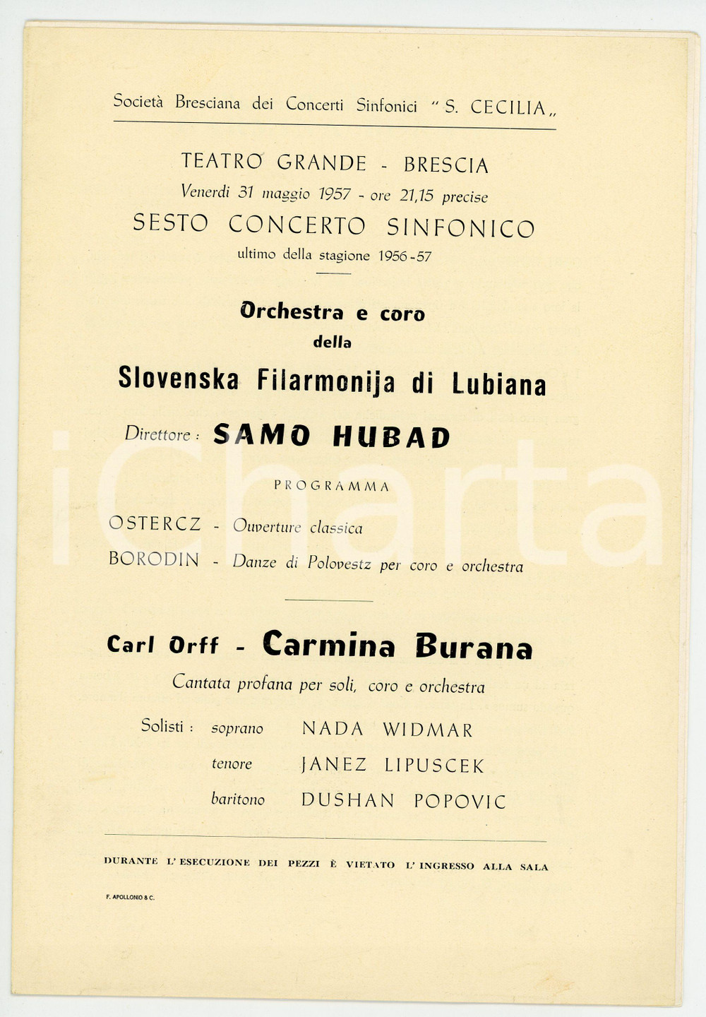 Oggetto da collezione cartaceo 1957 BRESCIA Teatro Grande SLOVENSKA FILHARMONIJA Ljubljana CARMINA BURANA 1
