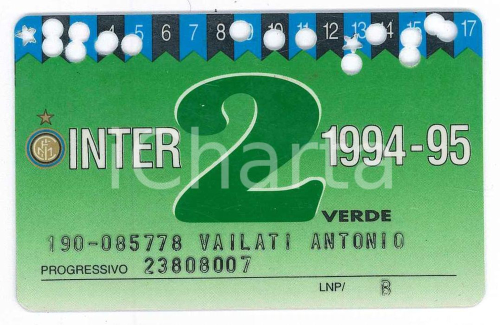 Oggetto da collezione cartaceo 1994/1995 MILANO Stadio San Siro INTER Tessera del tifoso 2 verde  8x5 cm 1