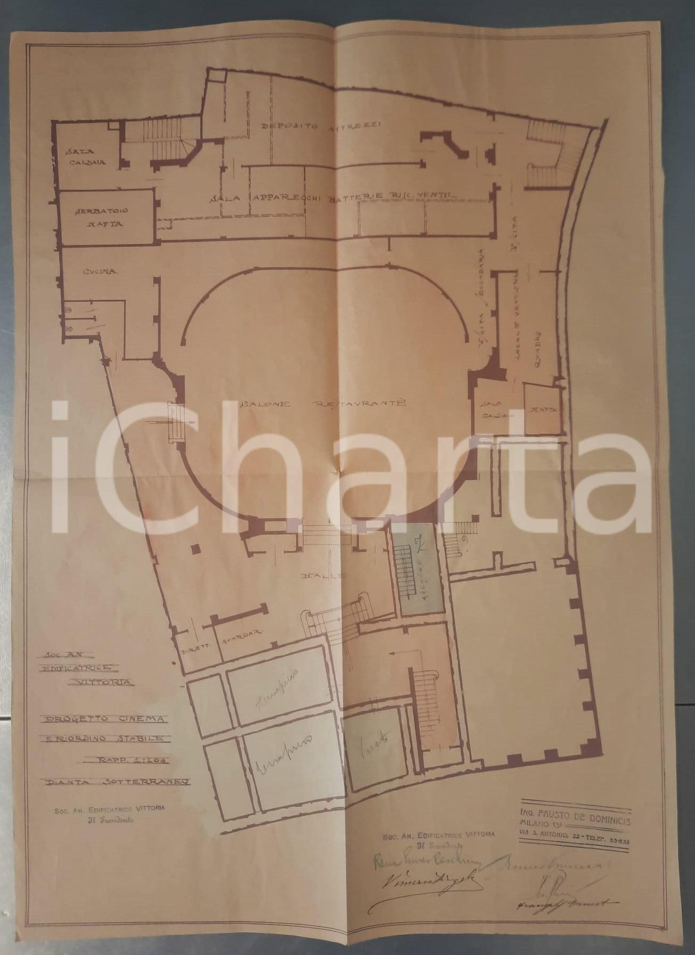 Mappa, planimetria storica 1925 ca MILANO Edificatrice VITTORIA Progetto cinema SAN CARLO  Sotterraneo 1
