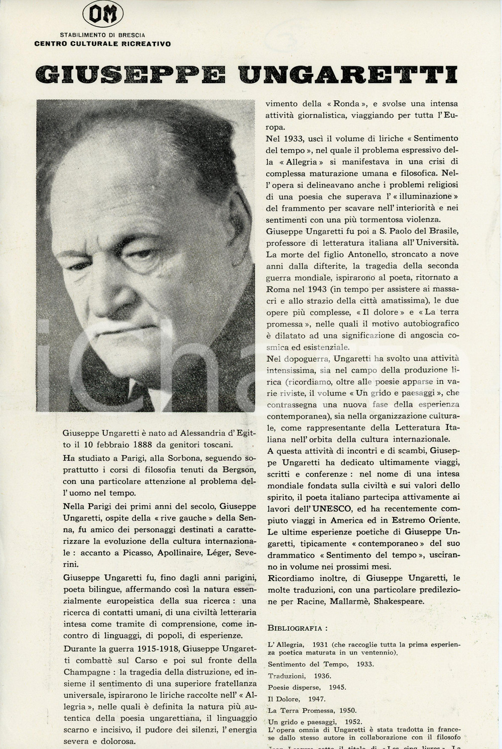 1960 BRESCIA Centro culturale OM Incontro con Giuseppe UNGARETTI Volantino Volantino d'epoca.  FAIR/discreto Piegature centrali d'epoca, lievi gualciture FORMATO: 20x32cm originale e autentica 1