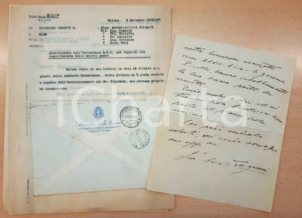 Autografo originale 1936 Gen. Angelo PUGNANI  Attestazione merito gomme PIRELLI in A.O.I. AUTOGRAFO 1