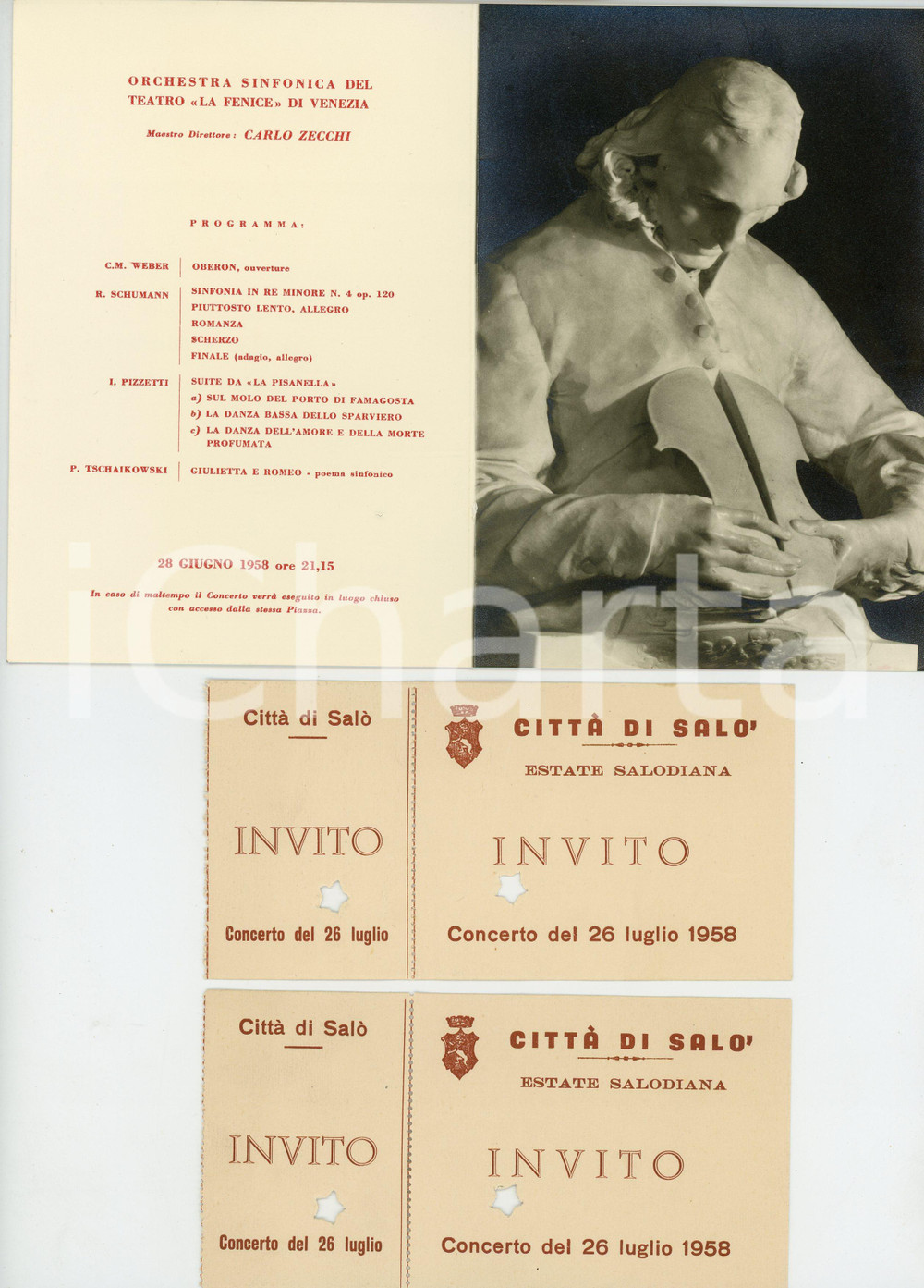 1958 SALÒ Concerto inaugurazione ESTATE SALODIANA Invito con due biglietti Invito d'epoca, completo di due biglietti obliterati.  FAIR/discreto Lievi gualciture FORMATO: 12x20 cm originale e autentica 1