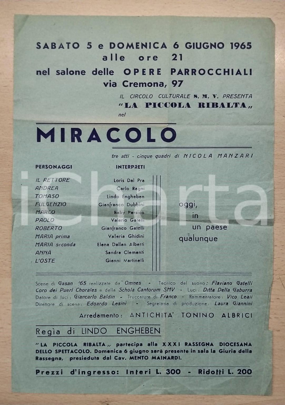 1965 BRESCIA TEATRO Compagnia La piccola ribalta in "Miracolo" - Locandina Locandina d'epoca. PAGINE: 8 POOR/danneggiato Piegature centrali d'epoca, lievi aloni e piccolo strappo al margine destro FORMATO: 21x32 cm originale e autentica 1