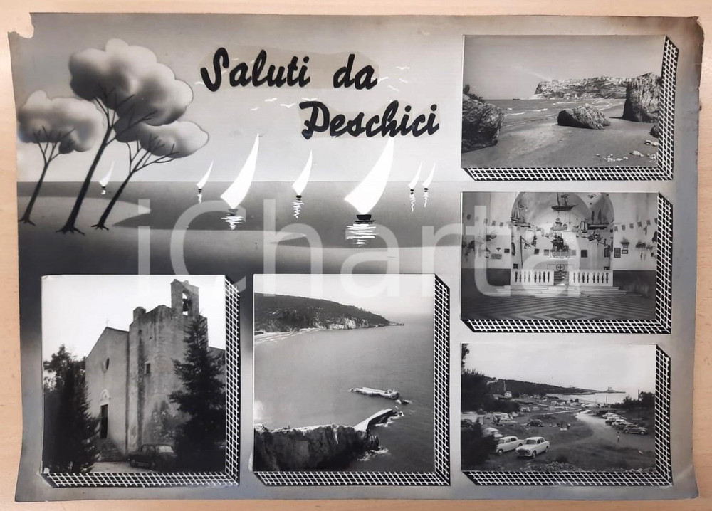 1960 ca PESCHICI Vedutine con spiaggia - Bozzetto preparatorio cartolina 50x35cm Bozzetto preparatorio per cartolina postale.Collage su cartoncino flessibile.  VERY POOR/gravemente danneggiato Mancanza all'angolo superiore sinistro, piegature e gualciture agli angoli, aloni ai margini FORMATO: 50x35 cm originale e autentica 1