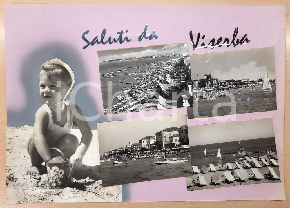 1960 ca VISERBA DI RIMINI Vedutine con bimbo - Bozzetto preparatorio cartolina Bozzetto preparatorio per cartolina postale.Collage su cartoncino flessibile.  FAIR/discreto Ingialliture ai margini, aloni di colla, residui di nastro adesivo al verso FORMATO: 45x32 cm originale e autentica 1